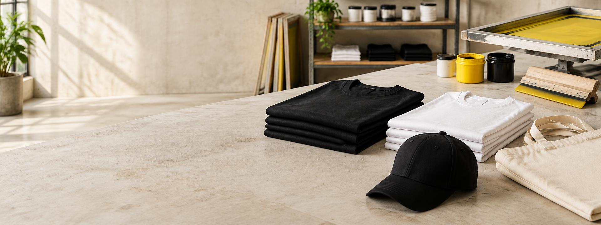 Feliratozható textilek egy nyomdai műhely asztalán
