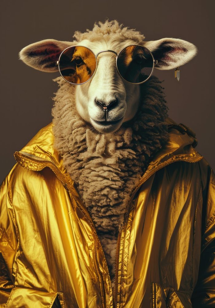 a sheep in sunglasses wears a golden jacket, in the style of solarization effect, studio portraiture, normcore, flickr, twisted characters, light maroon and beige, uhd image --v 6 Job ID: c41de79e-0727-4dcb-a9ae-76b3119bfeb2
