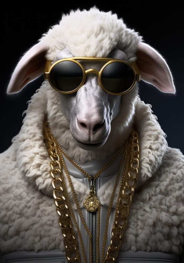 Photorealistic of bling-bling sheep hip hop --ar 2:3 --style raw --v 5.2 Job ID: 0472df3f-7379-4115-9ff5-59aec7626ca5